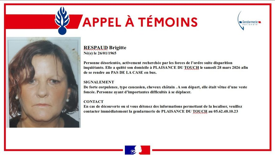 HAUTE-GARONNE - Disparition inquiétante en Haute-Garonne : un appel à témoins lancé pour retrouver Brigitte Respaud
ladepeche.fr/2026/04/01/dis…