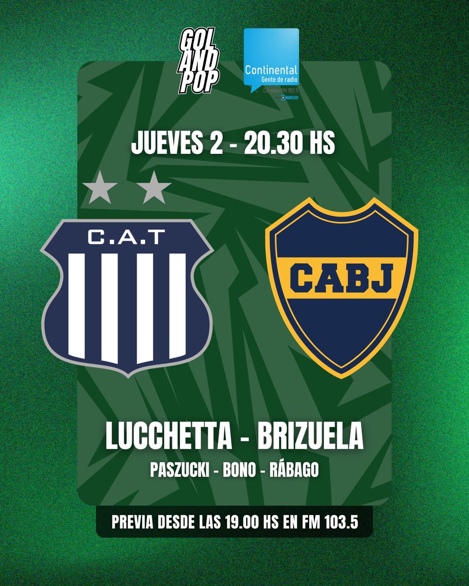 💥⚽️ ¡MATADORES Y XENEIZES! #Talleres recibe a #Boca en el estadio Mario Alberto Kempes por la fecha 13 del Torneo Apertura.

📻 Lo vivís junto a la Cadena <a href="/golandpop/">GOLANDPOP 📻</a> en <a href="/ContinentalCba/">Radio Continental Córdoba</a> FM 103.5, YouTube y más de 100 radios de toda Argentina.