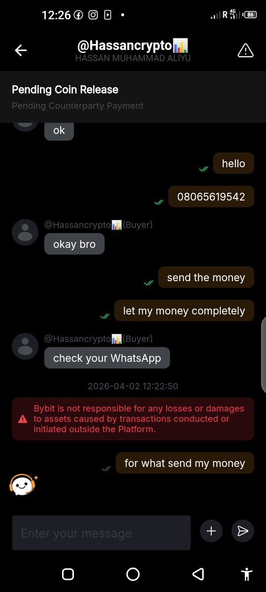 Temiyemi9's tweet photo. This guy try to fraud me this guy mark the order to act like him has paid me asking me for my Whatsapp number for outside trade he didn't release my money please bybit cancelled the order the guy is a scam this type of person want to turn the platform to scam platform https://t.co/kxbguvAYBl