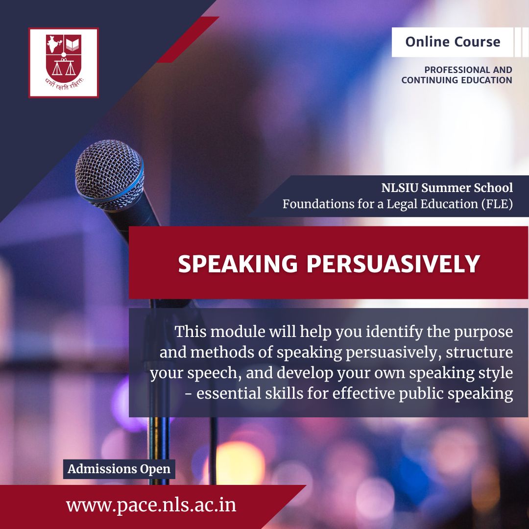 NLSIUofficial's tweet image. #AdmissionsOpen #FLE
The Speaking Persuasively module is one of four core modules in NLSIU’s Foundations for a Legal Education (FLE) course.

This module helps students understand the purpose and techniques of persuasive speaking, structure their ideas effectively, and develop a