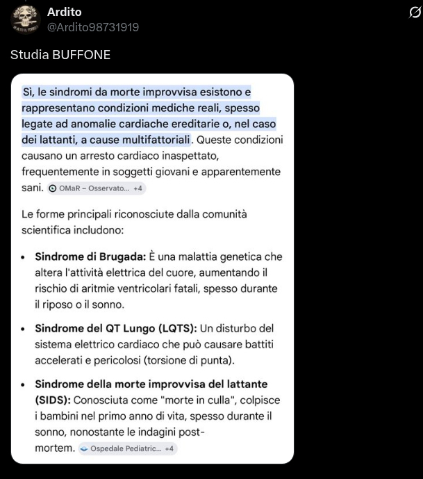 per il povero coglione che risponde e blocca perchè sa che lo smonto EZ.

Lo hai letto... povero scemo?

Brugada... genetica
LQTS... problema al cuore
SIDS ai bambini neonati..

Porco mondo che idiota