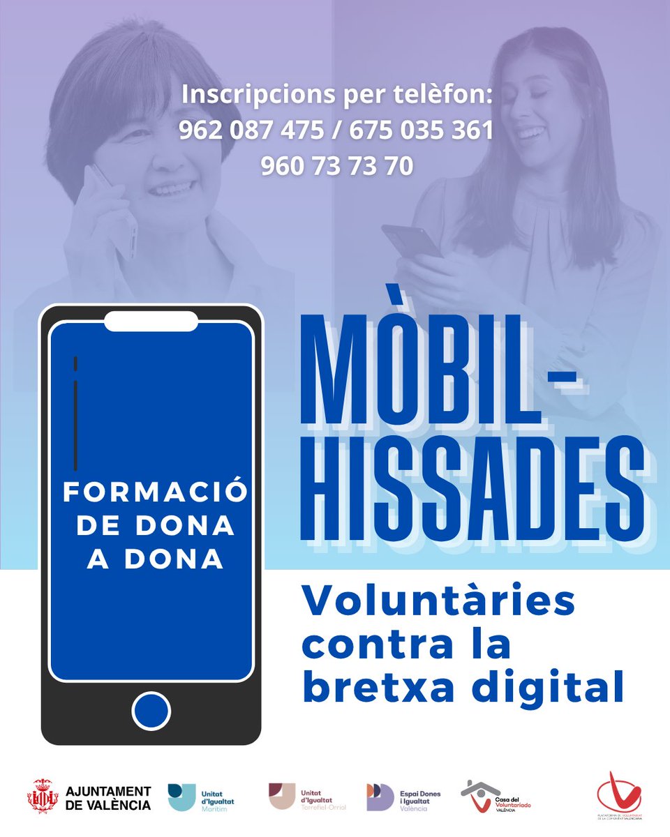 IgualtatVLC's tweet image. 📲  MÒBIL-HISSADES és un programa per a reduir la #bretxadigital de #dones i homes i dotar-les d'autonomia en les seues gestions
🙋🏻‍♀️ Formació personalitzada per a dones amb dificultats en el maneig del  #mòbil. Impartides per #voluntàries
🙋🏻‍♀️Compartix amb veteranes del teu entorn!