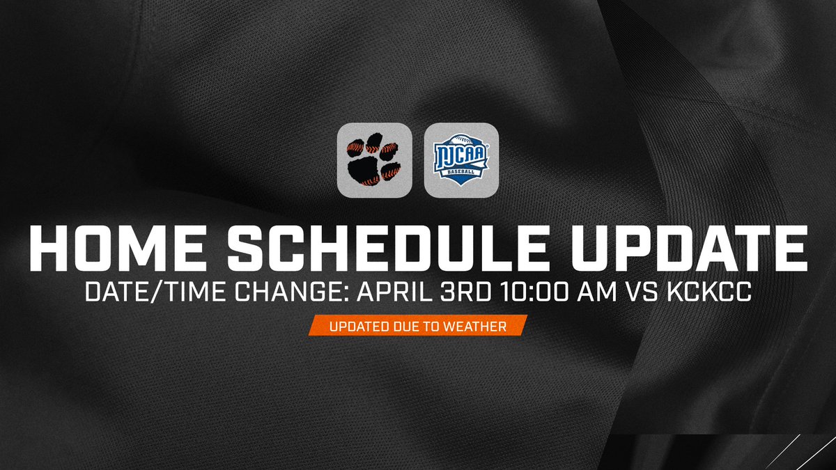 Schedule update due to weather 
Today’s 1:00 PM matchup vs KCKCC has been moved to April 3rd at 10:00 AM.
Make plans to come out and support the Panthers!

#GoNeosho #PantherBaseball #ScheduleUpdate #KJCCC