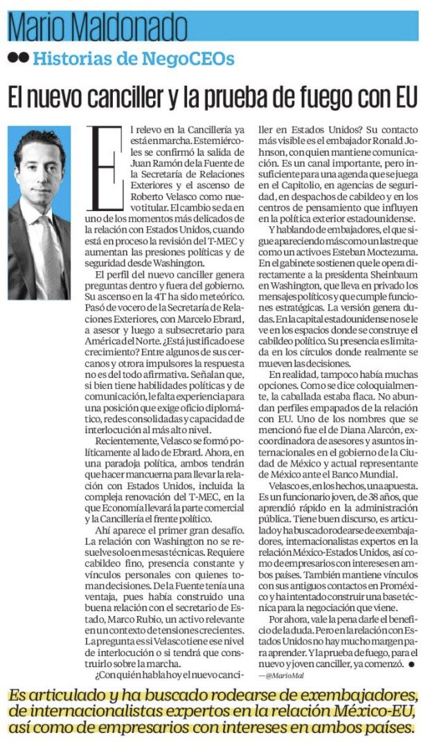 El nuevo canciller y la prueba de fuego con EU: ✍🏻 <a href="/MarioMal/">Mario Maldonado</a> 

En el momento más delicado de la relación con Estados Unidos, México queda en manos de un canciller con trayectoria cuestionada, más cercano a los círculos de poder que a la experiencia diplomática real. Rodeado de