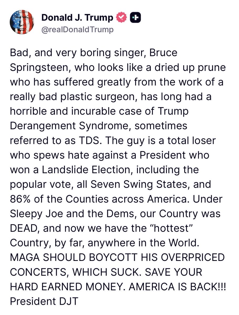 ArtCandee's tweet image. Donald Trump woke up big mad about Bruce Springsteen, too.

Because…priorities.

🙄