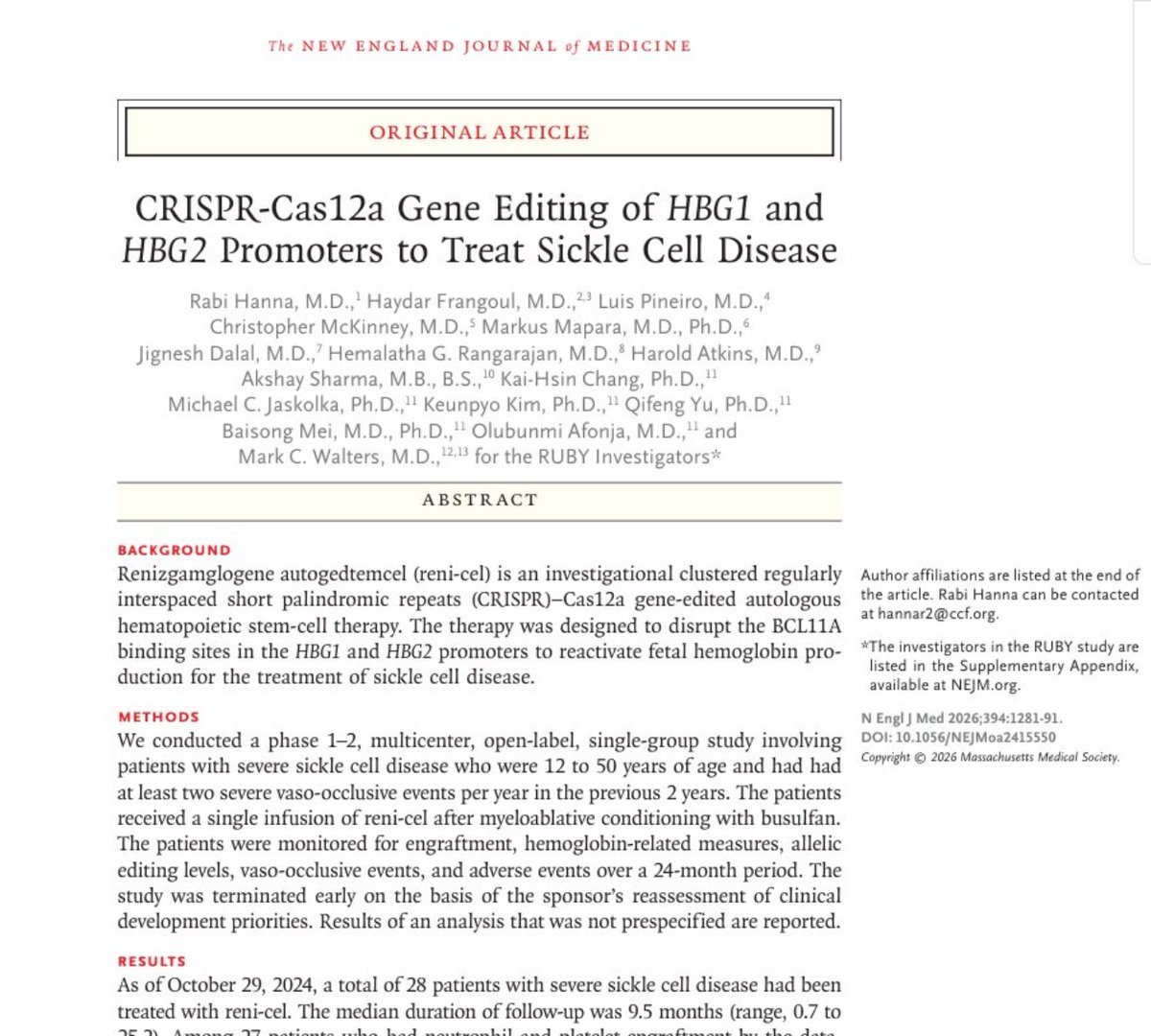 OncUpdates's tweet image. 🚨 New article just published in @NEJM: CRISPR-Cas12a Gene Editing of HBG1 &amp;amp; HBG2 Promoters for Severe #SickleCellDisease 

🎉Congrats to @RabiHannaMD and the team!

 #Hematology #GeneEditing #MedTwitter @OncBrothers @ClevelandClinic @ASH_hematology 

🔗: nejm.org/doi/pdf/10.105…