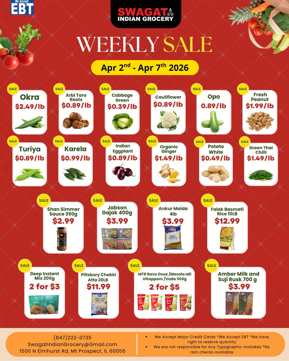 SwagatGrocery's tweet image. Big savings are waiting! 🛒
Shop this week (Apr 2–7) at #SwagatIndianGrocery

Don’t miss these deals!

Shop Now👉: swagatgrocery.com

#VegetableSale #FreshVeggies #IndianGroceryStore #HealthyEating #GroceryOffers #WeeklyDeals #GrocerySavings #MtProspectIL #chicago