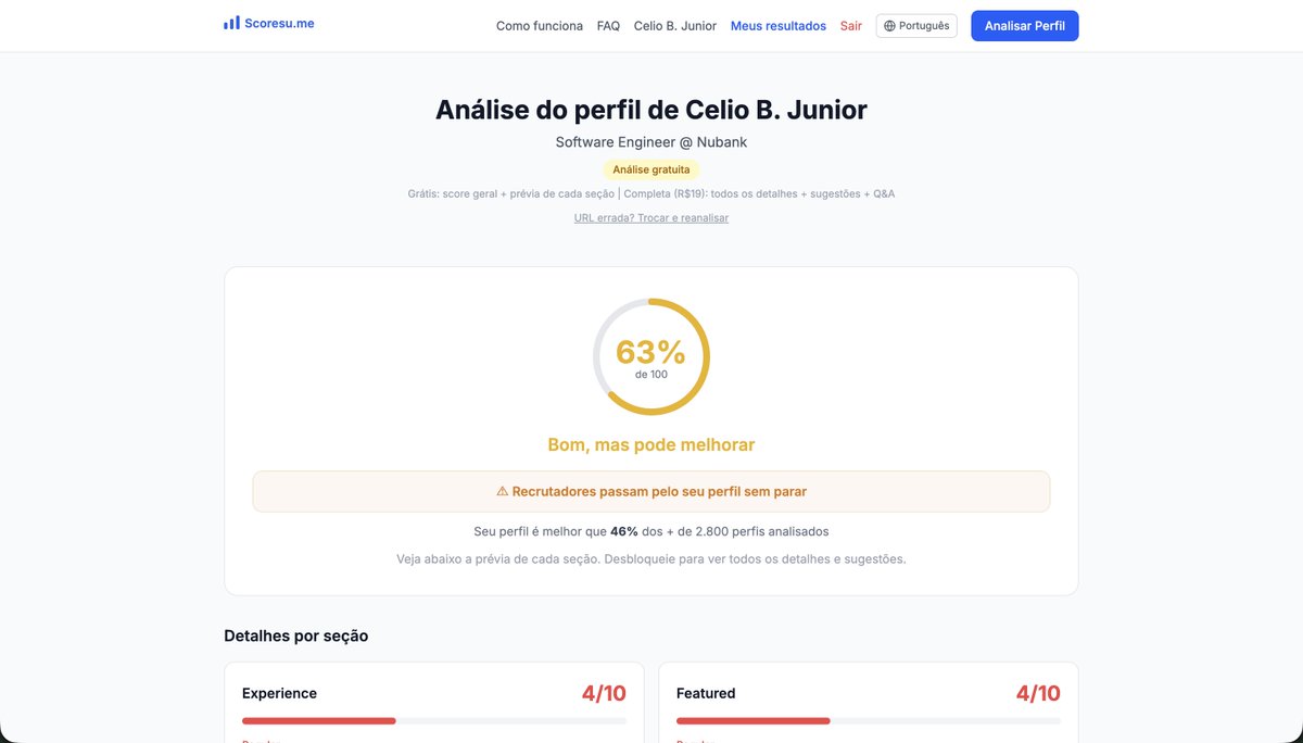 devcelio's tweet photo. dica sincera pra quem tá tentando conseguir entrevista:

não adianta só mandar currículo se o teu linkedin também não ajuda

às vezes você não tá sendo ignorado porque é ruim, você só tá com um perfil que não te vende bem

esses dias conheci o scoresu.​me e curti bastante a proposta

ele analisa teu linkedin, mostra os pontos fracos e dá sugestões do que melhorar

pra quem tá buscando estágio ou emprego, vale testar real

e se quiser usar, eu tenho cupom de desconto:
CELIO20

fica aí pra quem quiser garantir um descontinho e quiser dar um up no perfil