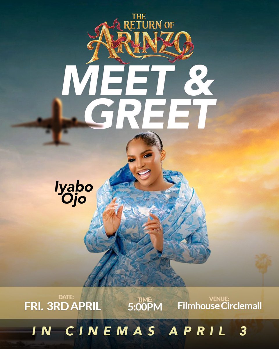 iyaboojo_'s tweet photo. Hey my darling people!  The wait is over! The Return of Arinzo hits cinemas nationwide TOMORROW, April 3rd! 🎬 I'l
And my colleagues will be at other cinemas across the state! 💃 Can't wait to watch The Return of Arinzo with you all!  Love you all!

#thereturnofarinzo https://t.co/W8Qvdllnzx