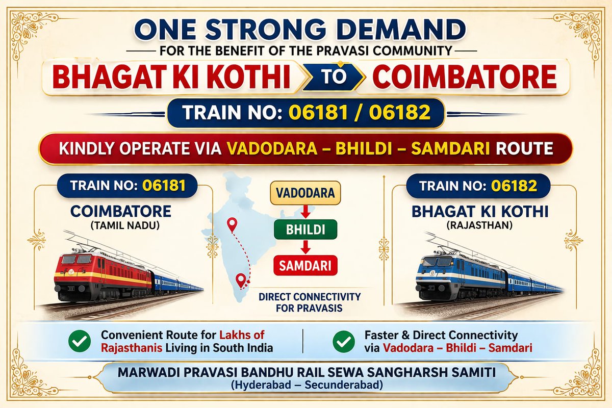 MARWAR_BHINMAL's tweet image. "लाखों प्रवासियों की एक ही मांग! भगत की कोठी-कोयंबटूर ट्रेन को वडोदरा-भीलड़ी-समदड़ी रूट पर संचालित किया जाए। सीधी कनेक्टिविटी, बेहतर भविष्य! 🚂✨
#TrainUpdate #MarwariPravasi #RailService"