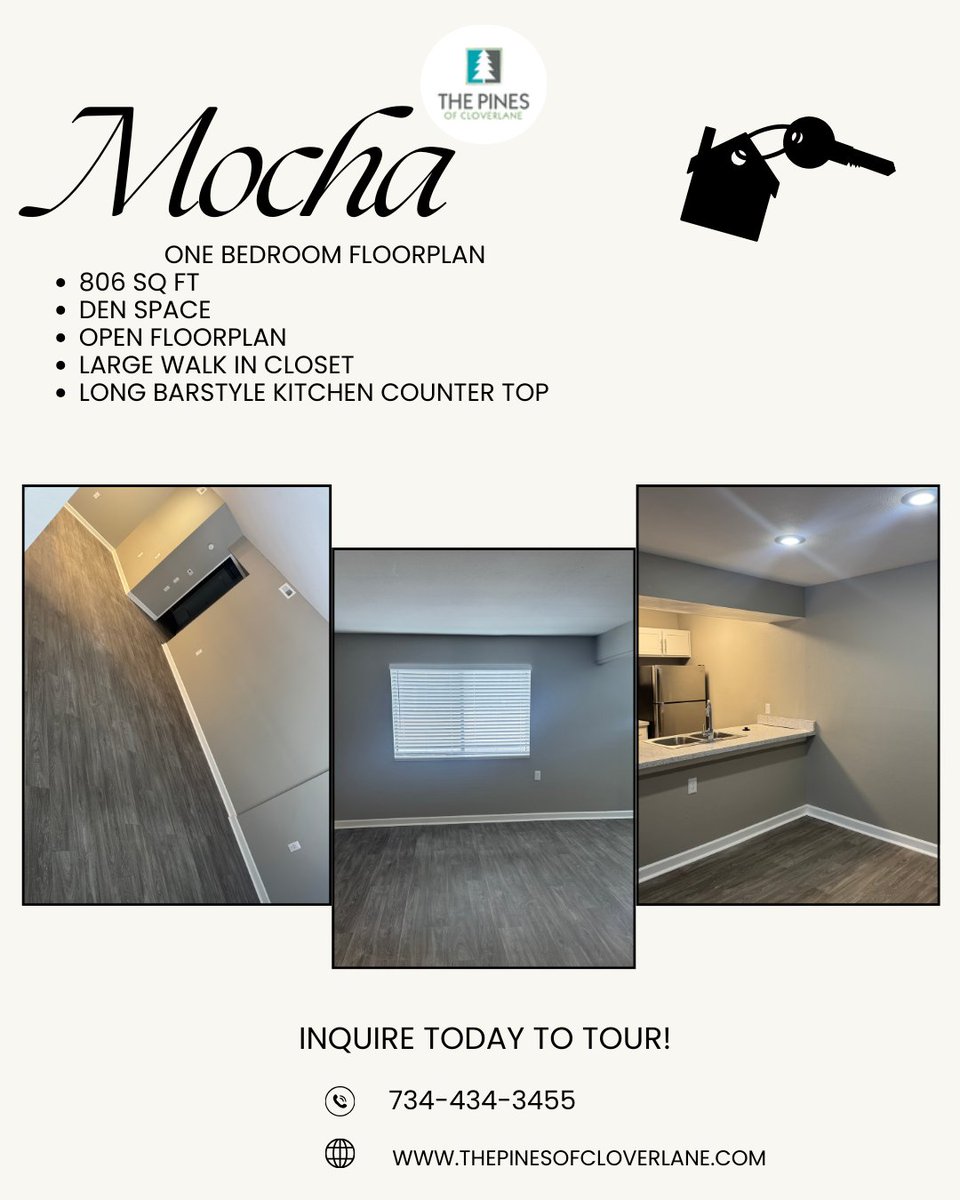 ThePines_Apts's tweet image. Looking for a spacious one-bedroom apartment? 🏠 Check out the Mocha floorplan at The Pines! You'll love the extra den space - it's perfect for your needs. Hurry, inquire today! #ForRent #ApartmentLiving #Renovated #Ypsilanti