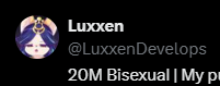 Ifeelsoexe's tweet photo. @SparrowsBread @LuxxenDevelops @AnotherBigEgg @Asukasli69420 Hold on Luxxen has bisexual in their bio why the fuck are they hating on trans people 😭 https://t.co/zKkDzs5FSM