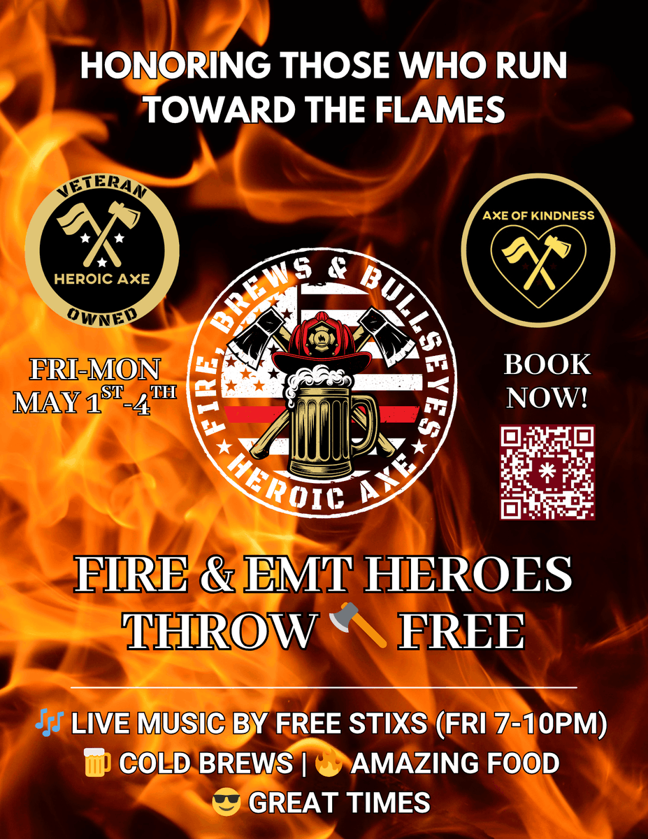 Heroic_Axe's tweet photo. 🎯 FREE Axe Throwing for all Firefighters &amp; EMTs — our way of saying thank you for your courage, sacrifice, and commitment.  🚒🚑 All Weekend! | May 1–4 🔥

4th Annual Fire, Brews &amp; Bullseyes — a weekend dedicated to honoring the Firefighters and EMTs who answer the call and serv https://t.co/35WAmeV3TZ