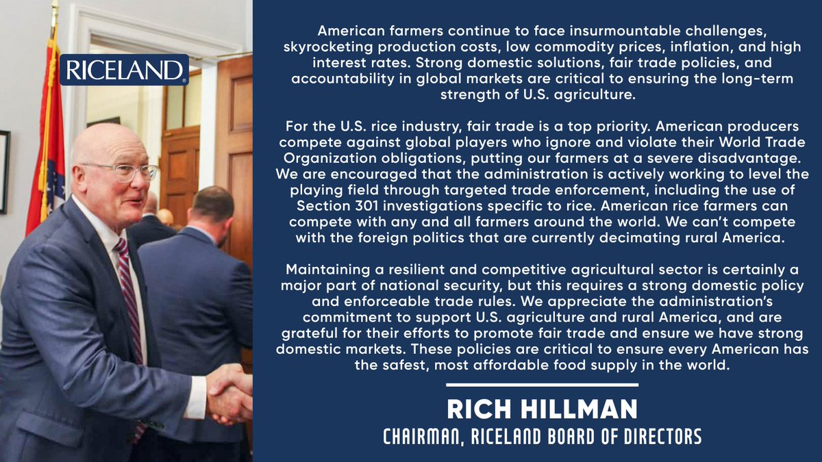 Riceland was honored to join farmers at the White House’s Great American Agriculture Celebration. We appreciate the focus on biofuels, regulatory relief, and additional economic support. Strong domestic solutions and fair trade are key to keeping U.S. farmers competitive.  🌾