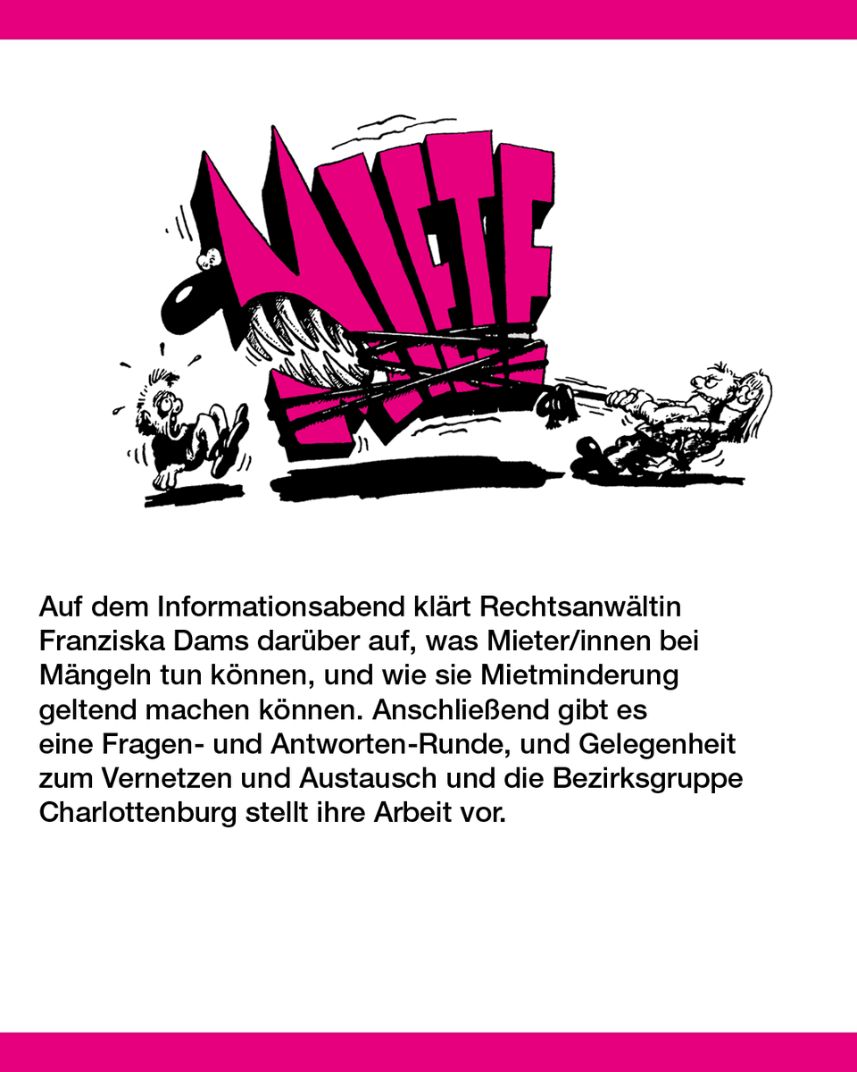 #Mängel und #Mietminderung

Ein Informationsabend der Bezirksgruppe Charlottenburg der Berliner MieterGemeinschaft

Montag, 27.4.2026, 18:30 Uhr
Kinder- und Jugendclub Schloss 19
Schloßstraße 19
14059 Berlin-Charlottenburg