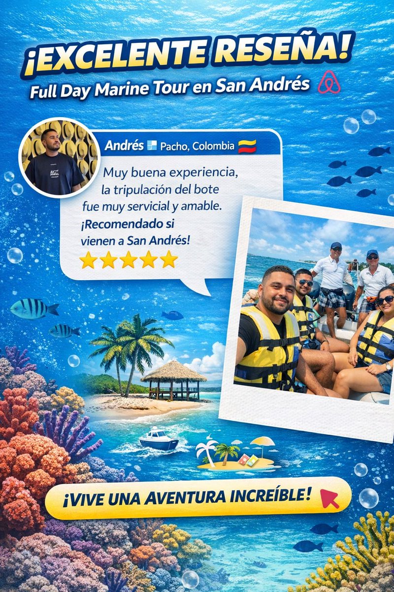 🌊✨ Así se vive nuestro Full Day Marine Tour en San Andrés.
⭐️⭐️⭐️⭐️⭐️ “Muy buena experiencia, la tripulación del bote fue muy servicial y amable. ¡Recomendado si vienen a San Andrés!”

📍 Disponible en Airbnb.com
📲 +57 321 652 4457
🔗 Reserva y vive la magia.