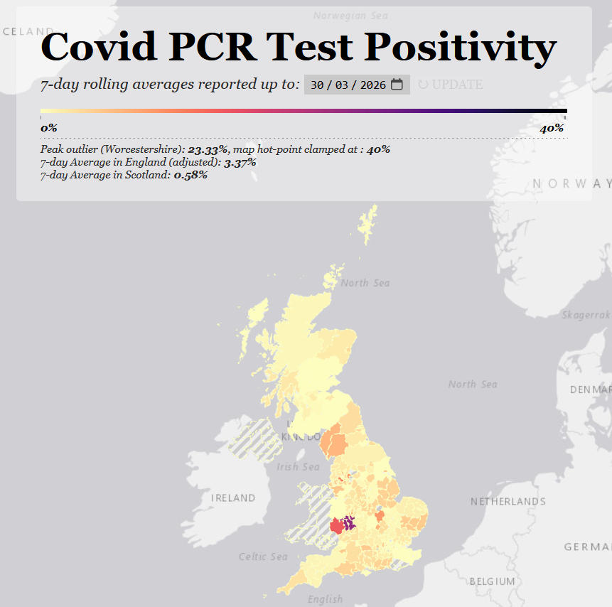 skeuomorphology's tweet photo. The PCR positivity map is out and levels are still pretty stable or declining.

This is the last week of winter NHS stats. There are 372 patients still in covid beds. The hospital trend is up in London and the SE, down elsewhere.

https://t.co/1phcyp7jth

1/8 https://t.co/32XEtfc29S