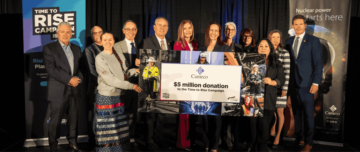 SaskPolytech's tweet photo. Sask Polytech has received a landmark $5-million gift from global nuclear energy leader @cameconews to support the institution’s Time to Rise campaign and the construction of the new Joseph A. Remai Saskatoon Campus. Thank you Cameco! https://t.co/RzSFcirFEE https://t.co/0UOs2XYQFg
