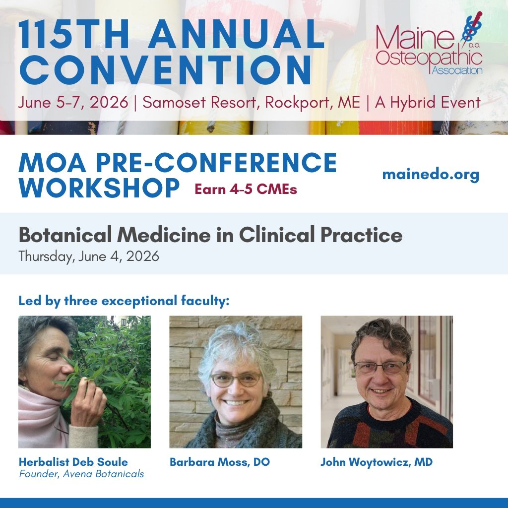 MaineDO's tweet image. 🌿 Botanical Medicine in Clinical Practice – Pre-Con Workshop

Join us at the #MOAConvention for a full-day #CME on evidence-based #BotanicalMedicine with Dr. John Woytowicz, Deb Soule, &amp;amp; Dr. Barbara Moss + a tour of Avena Botanical Gardens.
bit.ly/46WKyNq RSVP by 4/24