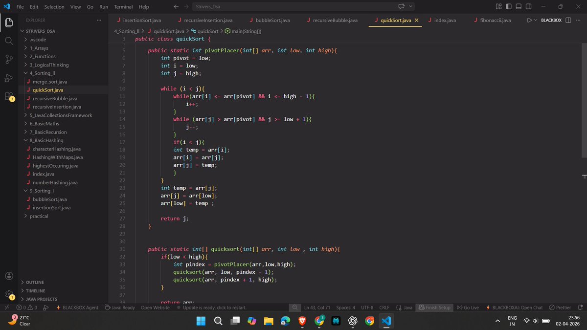 ShaileshYa66107's tweet photo. Day 11 of DSA 🚀

Took sorting to the next level today.
Learned:
📌 Recursive Bubble Sort
📌 Recursive Insertion Sort
📌 Quick Sort ( Divide &amp; conquer )
Understanding how recursion fits into sorting and how Quick Sort optimizes performance.

#DSA #Java #Recursion #QuickSort https://t.co/I3KS6ZlKjh