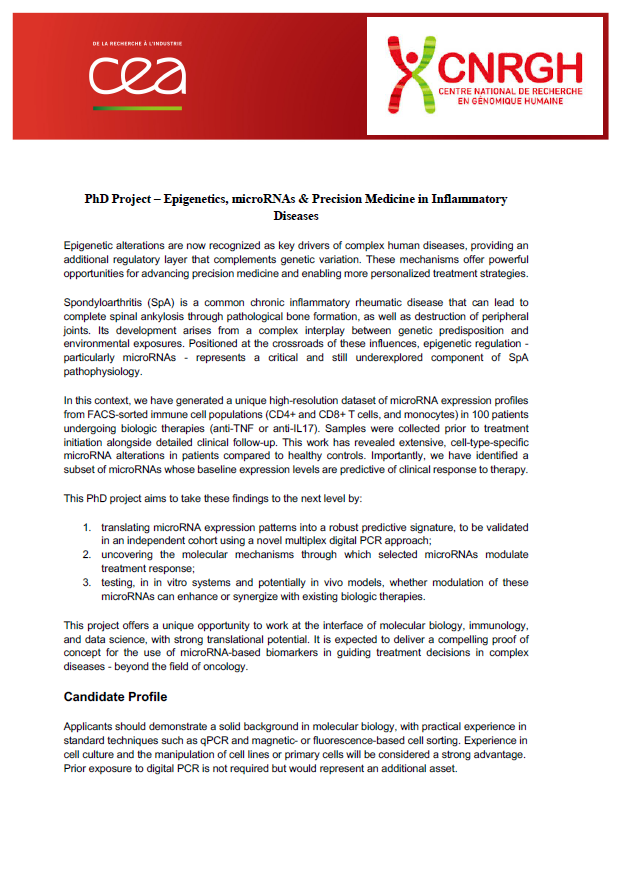 isMOCLEP's tweet photo. Take a look at very interesting PhD opportunity from Jorg Tost below 👇

🔬 microRNA &amp; Precision Medicine
📍 CEA – CNRGH (France) | 3 years, fully funded
📅 Start date: 01/10/2026
⏳ We recommend applying before April 15th (first round of interviews)

👉 Worth considering https://t.co/ogfAgA0DiG