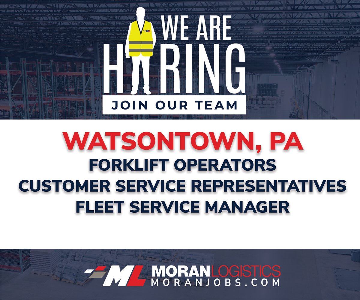 Moran_Logistics's tweet photo. We are expanding our team here at Moran Logistics in multiple locations including our Allenwood, Watsontown, Williamsport &amp; York PA warehouses! 

Fleet Service Manager
Forklift Operators
Reach Truck Operators
Customer Service Representatives

Apply Today: https://t.co/IanueRElP8 https://t.co/5wbOhcZD2n