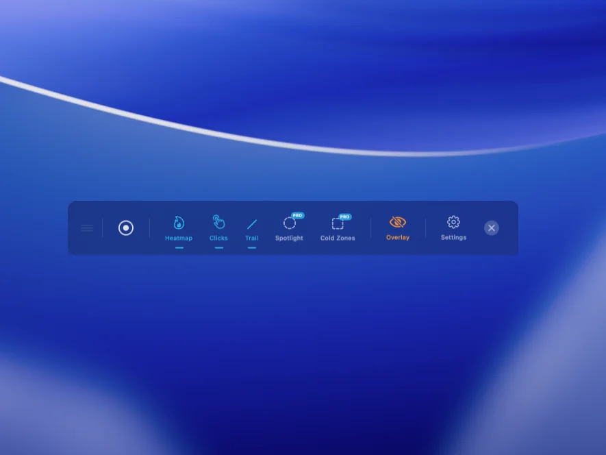 A toolbar featuring controls for visualization options like heatmap, clicks, and settings, set against a smooth blue background.
