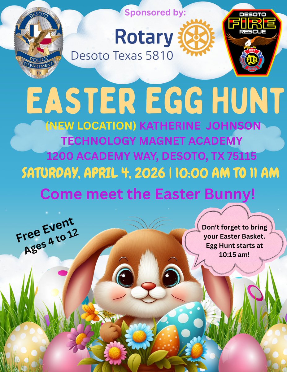 educ_solutions's tweet photo. P &amp; R Educational Solutions is excited to join the @desototxrotary  to support the 1st Annual Easter Egg Hunt!
📅 Date: Saturday, April 4
⏰ Time: 10:00 AM – 11:00 AM
📍 Location: KJTMA 
✨ Meet the Easter Bunny
🥚Egg Hunt at 10:15 am 
👧🏽👦🏽 Children ages 4–12
@desotoisdeagles https://t.co/klaggilVbf