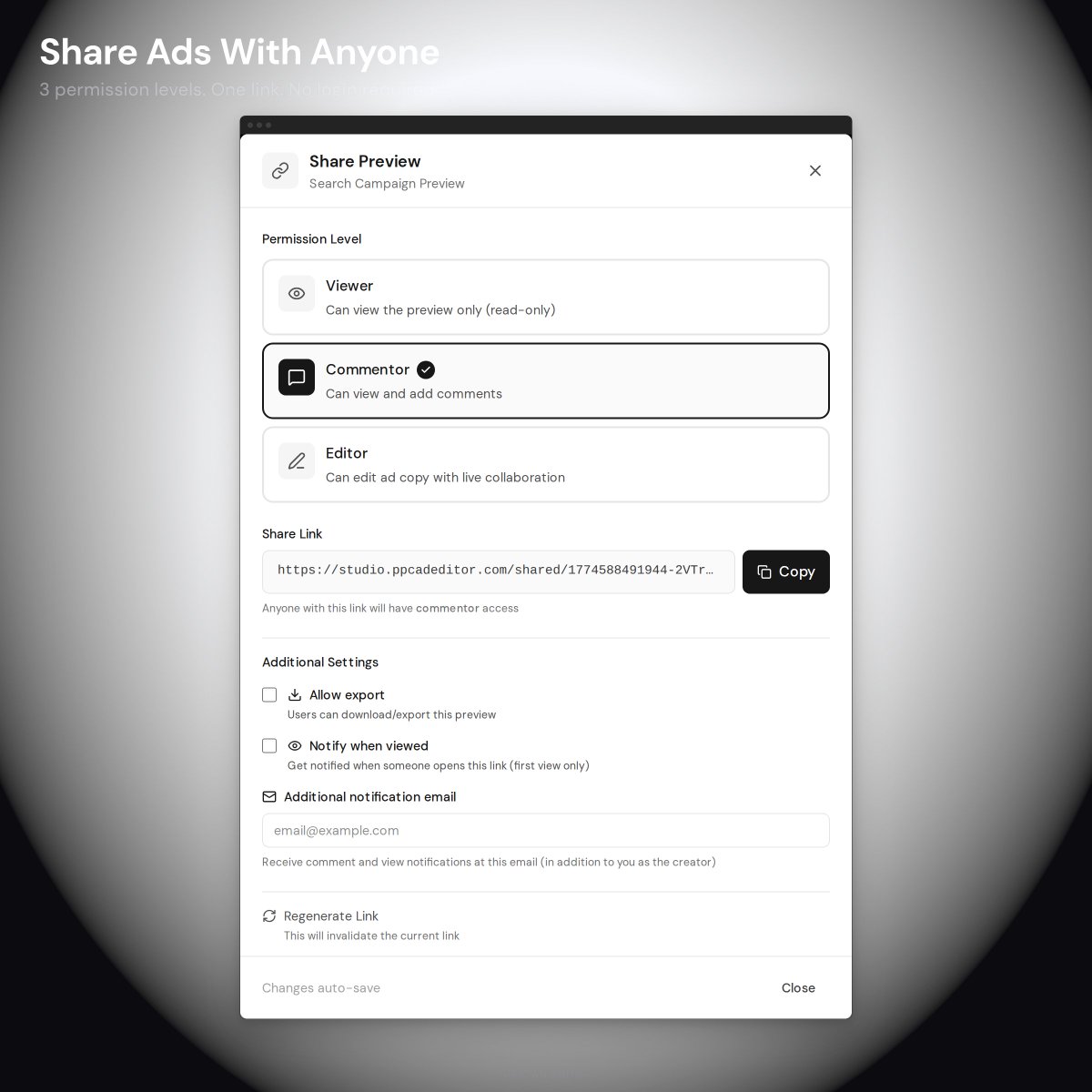 ppcadeditor's tweet photo. Your client's ad feedback is in 5 places. None of them connect to the actual ad.

We replaced all of it with one share link — view, comment, or edit. No login required.

Comment + edit links get 4x the traffic of view-only. https://t.co/FRvy6kzgVH