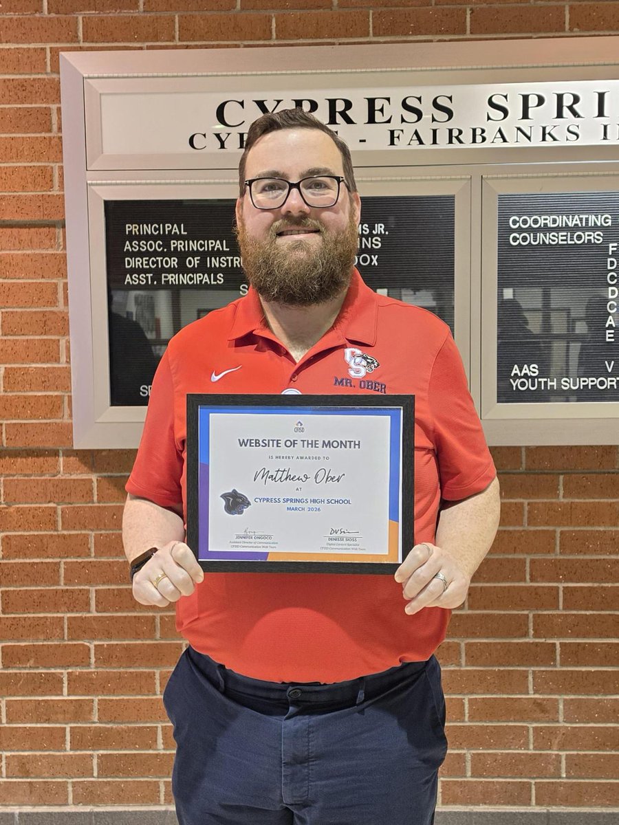 CFISDWeb's tweet photo. Our March Website of the Month goes to Matthew Ober at @CySpringsHS! 🎉 He does an amazing job updating the Cy Springs website—and not to mention, he’s Teacher of the Year! Thank you for keeping the Cy Springs website up-to-date! https://t.co/4HkEM6WAox #CFISDweb #pathtoamazing https://t.co/D8FFxGpTxX