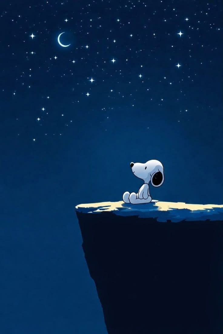 Snoopy is watching the crescent moon.