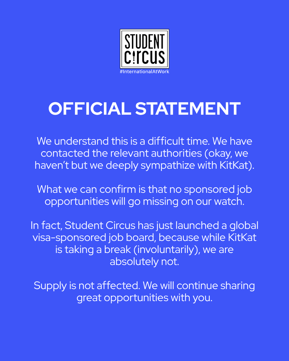 StudentCircus's tweet photo. We understand this is a difficult time.
But while some things may disappear… opportunities shouldn’t.

No sponsored jobs are going missing on our watch.
Student Circus has launched a global visa-sponsored job board - because when others pause, we double down. https://t.co/aqqcRxeynT