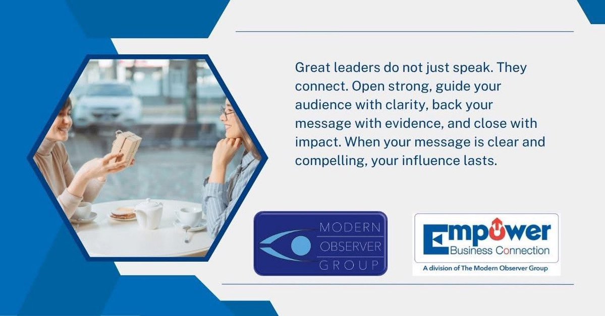 Great leaders do not just speak. They connect. Open strong, guide your audience with clarity, back your message with evidence, and close with impact. When your message is clear and compelling, your influence lasts.