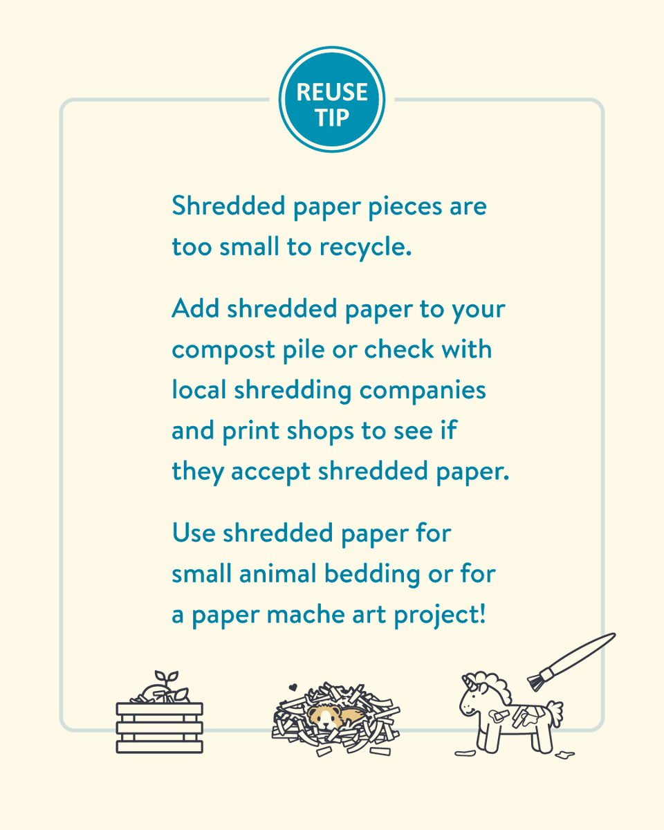 MnPCA's tweet photo. Paper is paper, right? Not in your recycling bin. Shredded paper may seem recyclable, but the pieces are too small. If you find yourself with a full shredder, add it to your compost pile or check with local shredding companies and print shops to see if they accept shredded paper. https://t.co/7L4Fpye5nC