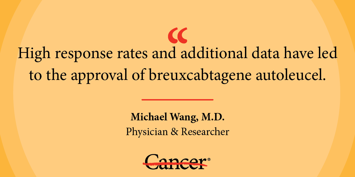UTMDAnderson's tweet photo. The @US_FDA has approved breuxcabtagene autoleucel for treating patients with relapsed or refractory mantle cell lymphoma, following a trial led by our Dr. Michael Wang.

Read more: https://t.co/cwaMzW2nRg #EndCancer https://t.co/Viw802YpE1