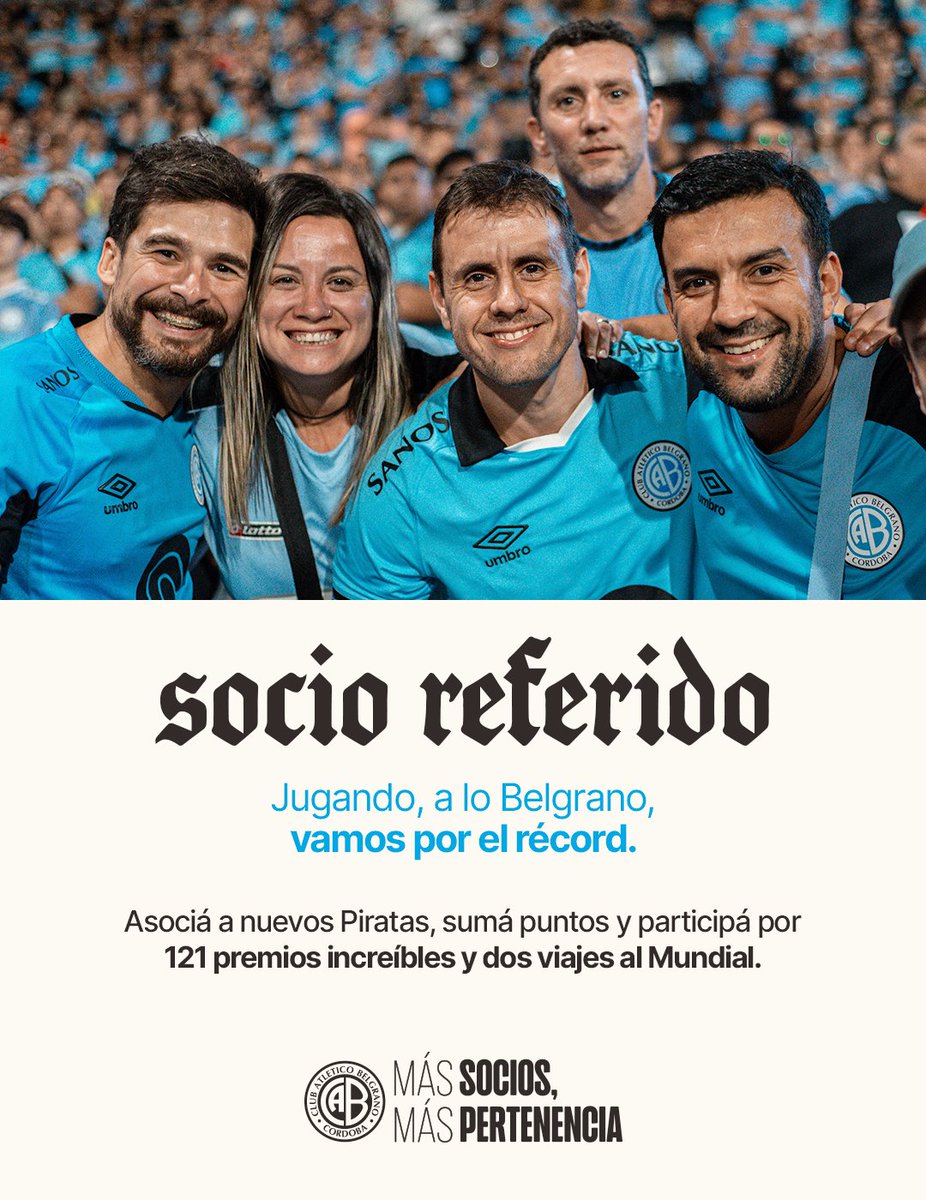 #SocioReferido: jugá, meté por #Belgrano y ganá 🙌🏴‍☠️

En el marco de #MásSociosMásPertenencia, lanzamos la campaña Socio Referido para alcanzar juntos el récord de masa societaria. ¡Referí a nuevos Piratas durante abril y mayo, sumá puntos y participá por 121 premios y viajes al