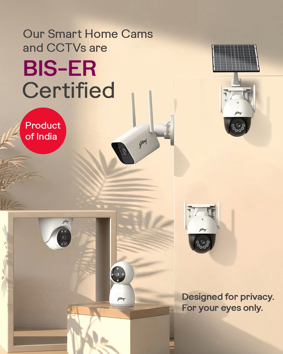godrejsecure's tweet photo. Our range of Home Cams and CCTVs is BIS-ER certified — a government-verified standard for data security. A product of India, it ensures what’s captured stays protected, for your eyes only.
#Godrej #GodrejSecuritySolutions
#TensionFreeSecurityUnlocked #BISERCertified #HomeCamera https://t.co/HuhN1issAe