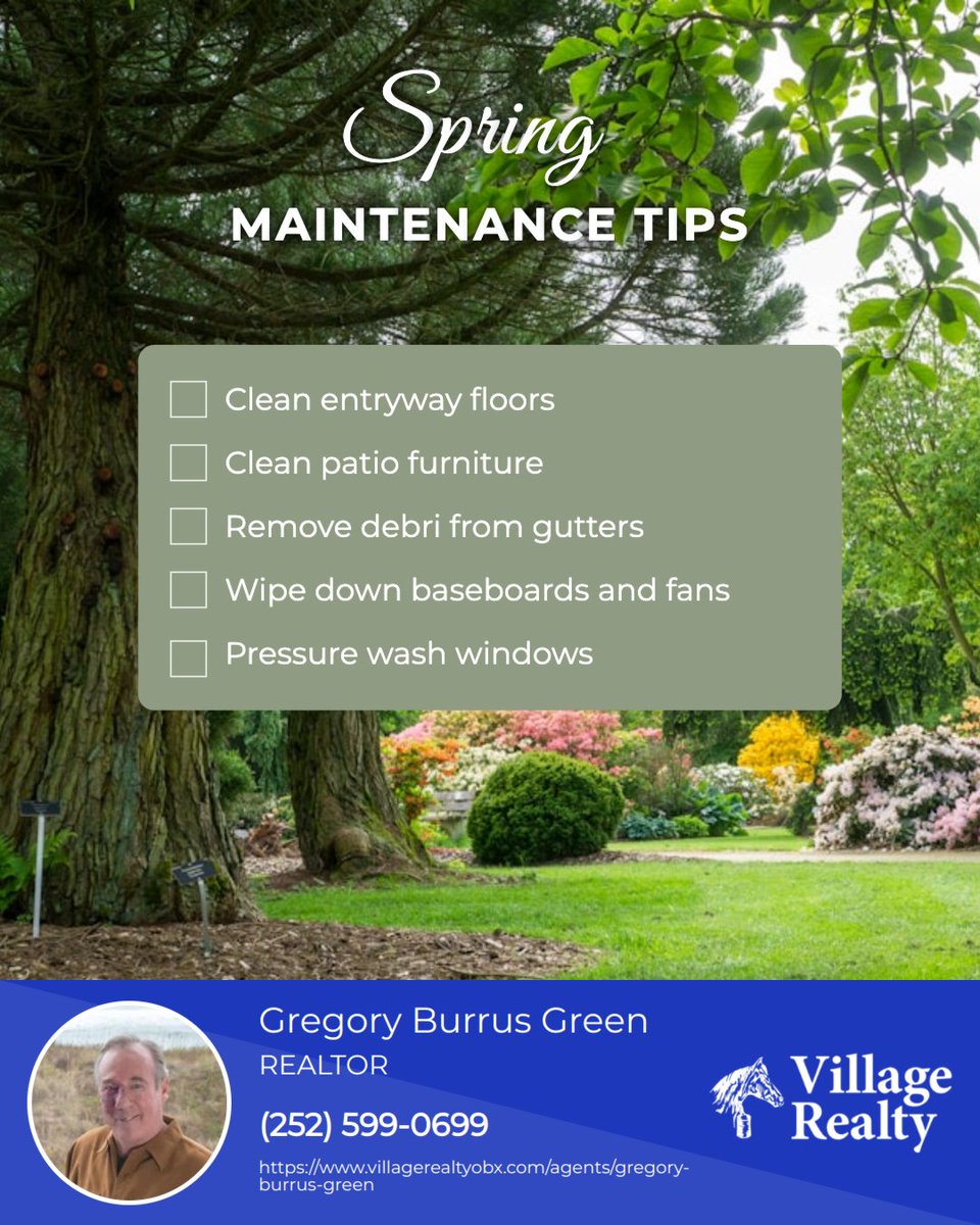GreenylandGreg's tweet image. Spring is in full bloom 🌸—the perfect time to give your home some TLC!

A little seasonal maintenance = a fresher, cleaner, happier space 🌿✨

Are you an early bird or last-minute spring cleaner? 🧼

#springcleaning #springchecklist #REALTOR #OBXREALTOR #VABCHREALTOR