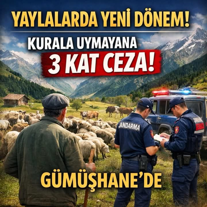 Ciyelii's tweet image. İYİCE ŞAŞIRDILAR ALLAH'TAN HAYIRLISI !..
(Ş.T)

YAYLALARDA YENİ DÖNEM: KURALA UYMAYANA 3 KAT CEZA!

Gümüşhane’de mera ve yayla kullanımıyla ilgili 2026 yılı kuralları açıklandı. Valilikten yapılan duyuruya göre, bu yıl otlatma sezonu 15 Mayıs’ta başlayacak, 31 Ekim’de sona