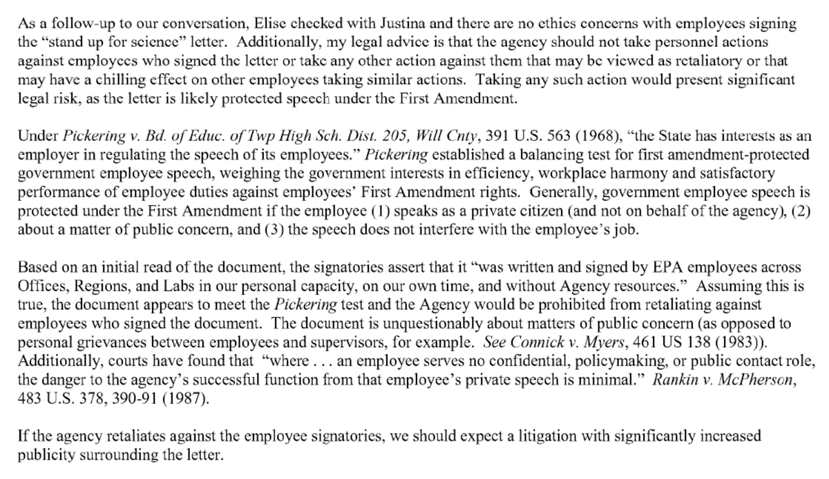 KevinBogardus's tweet photo. An EPA attorney said staff behind a dissent letter were free to speak out and advised against “retaliatory” moves

That legal advice was shared around the agency

Later, many of them were suspended — or fired

See the emails I got under #FOIA

#FOIA4eva https://t.co/Aiu0VZWgXA