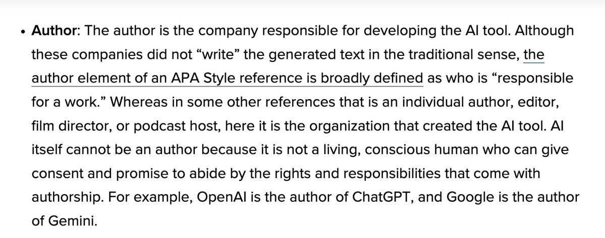 David_Gunkel's tweet image. This is how efforts to resolve the responsibility gap with #genAI produces inconsistent and unstable outcomes. While the @CopyrightOffice has denied the right of authorship to #AI, the @APA has decided that the "company responsible for developing the #AI tool" is the author.