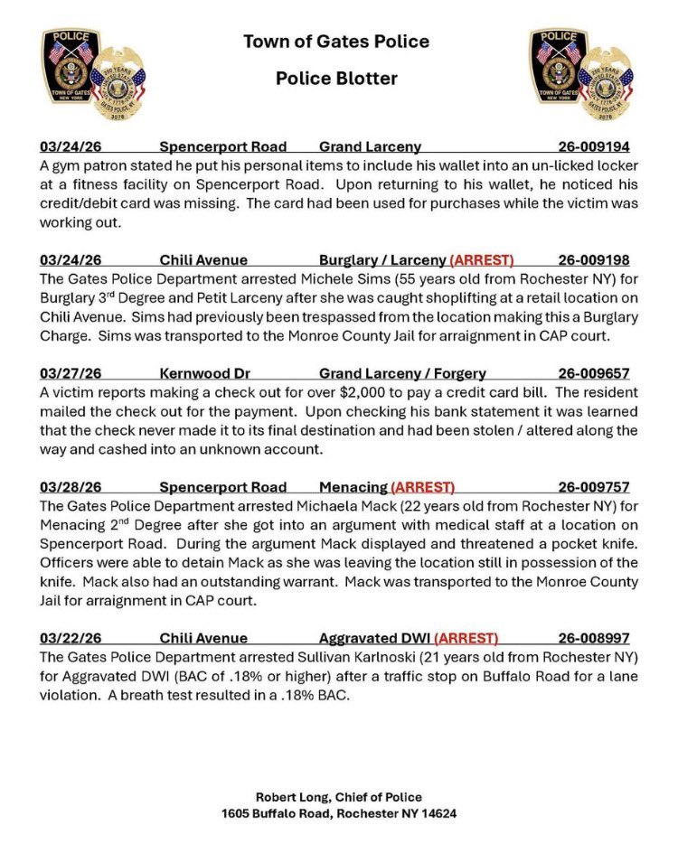 ROCHNYCRIMEINFO's tweet image. #roc #rochesterny #gatesny
@sfj8888 @acoffey3216 @GatesPolice 

Crime Blotter March 21st - March 31st