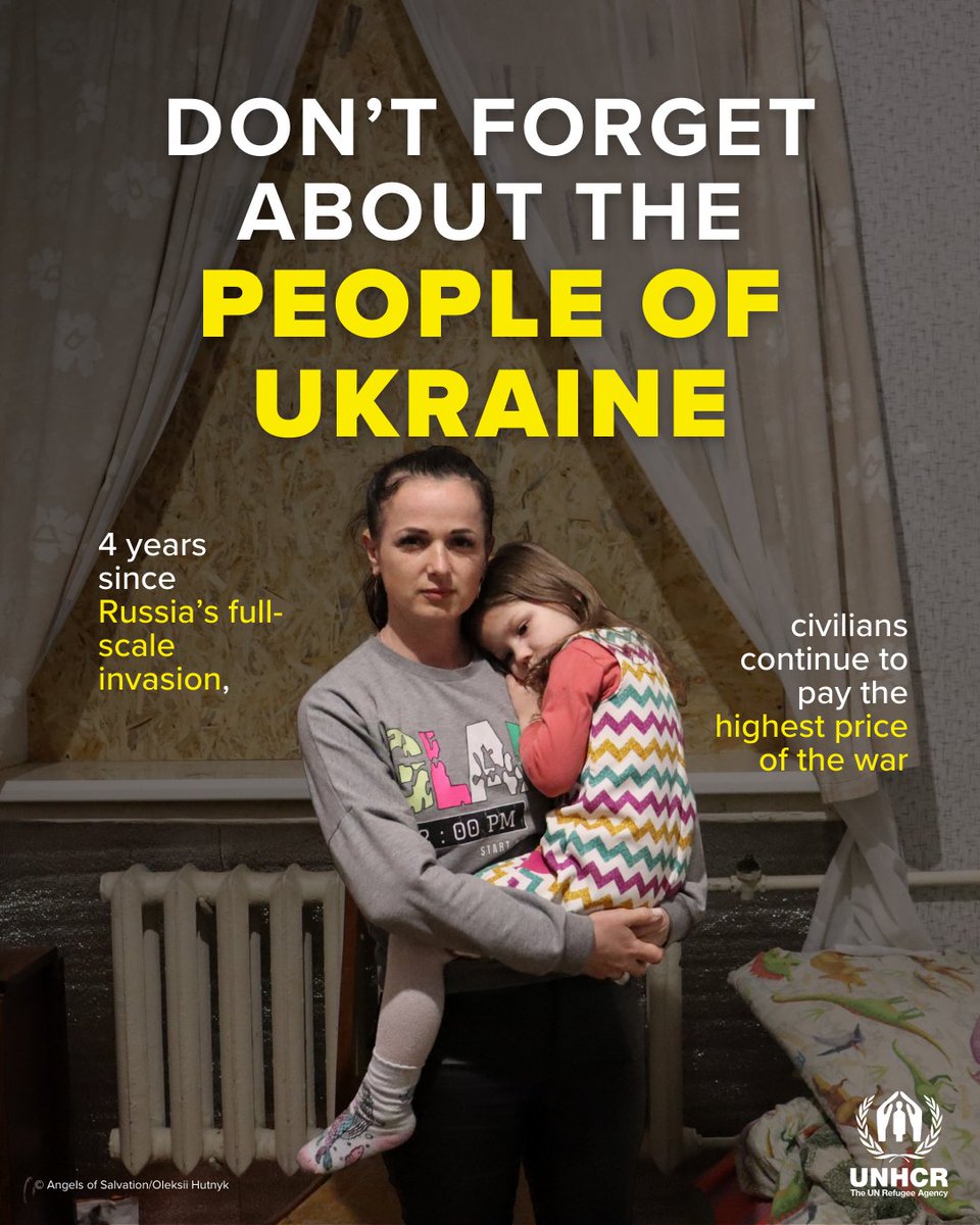 UN's tweet photo. Over four years since Russia’s full-scale invasion of Ukraine, civilians continue to pay the highest price.

Millions of people inside the country need humanitarian assistance.

Here’s what our @refugees colleagues are doing to help: https://t.co/v066aa3VSS https://t.co/O4xm8dlzWn