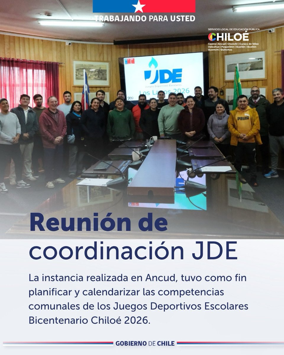 El equipo de Formación Integral del área de Deportes de SLEP Chiloé llevó a cabo una reunión de coordinación en Ancud, junto a la Oficina de Deportes del municipio y establecimientos para planificar y calendarizar las competencias comunales de los JDE del Bicentenario Chiloé 2026