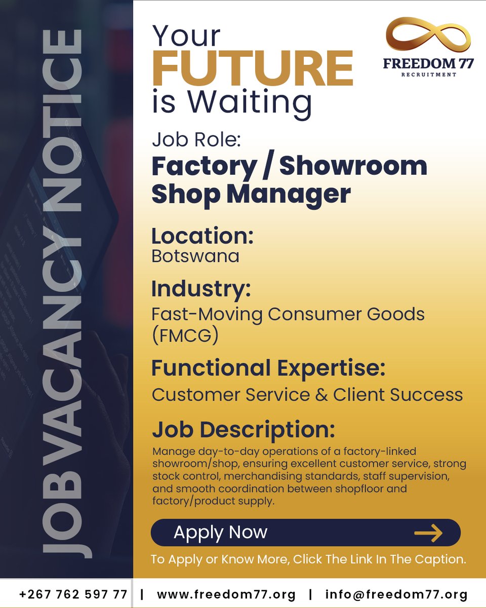 Freedom77_BW's tweet photo. 🚨 Now Hiring: Factory / Showroom Shop Manager – Botswana

📍 Botswana
🤝 Customer Service &amp; Operations
Apply here 👇
 https://t.co/TQOWesgxLm

🚫 No email applications
#BotswanaJobs #RetailJobs #NowHiring #JobsInAfrica #CareerOpportunity https://t.co/Y8bO4ArS2Y