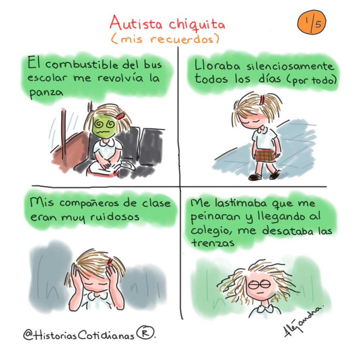 Hoy es  #2DeAbril #DíaMundialDeConcienciaciónSobreElAutismo #Autismo
Les hice una serie de cinco viñetas, narrando un poco de mi historia como niña autista no diagnosticada. 
Deseo que les sean de utilidad.

Abro hilo: