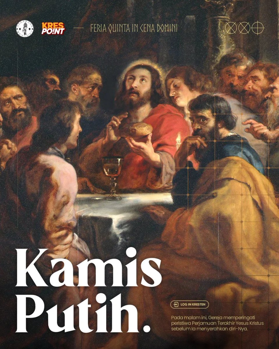 kresbung's tweet photo. Kamis Putih adalah hari perayaan untuk memperingati peristiwa Perjamuan Terakhir (The Last Supper) Yesus Kristus, sebelum Ia menyerahkan diri-Nya disalib.

Lukas 22:19-20
"Lalu Ia mengambil roti, mengucap syukur, memecah-mecahkannya dan memberikannya kepada mereka, kata-Nya: "Inilah tubuh-Ku yang diserahkan bagi kamu; perbuatlah ini menjadi peringatan akan Aku." Demikian juga dibuat-Nya dengan cawan sesudah makan; Ia berkata: "Cawan ini adalah perjanjian baru oleh darah-Ku, yang ditumpahkan bagi kamu."

Selamat memperingati Kamis Putih teman-teman semua.

- All Admin