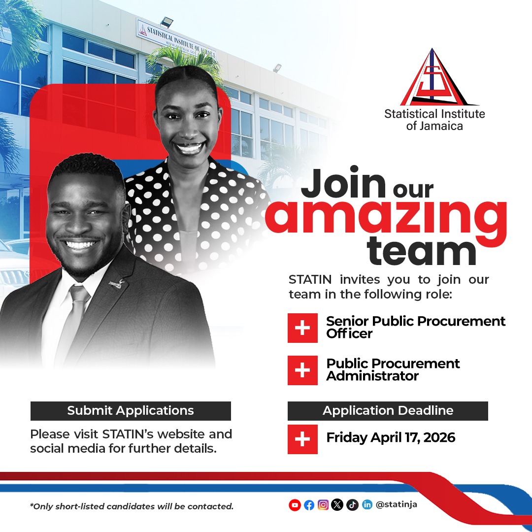 statinja's tweet image. We are pleased to announce exciting #jobopportunities within #STATIN. Applications are invited for the posts of:

*Senior Public Procurement Officer (Level 8)
*Public Procurement Administrator (Level 4A)

Visit: vacancies.statinja.gov.jm:8443/jobs.php to apply or lean more about the job!