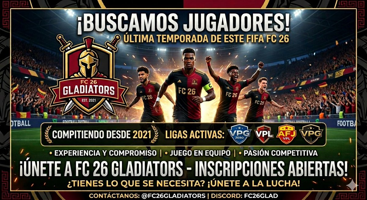 kaiserjimenezz's tweet photo. ¡BUSCAMOS GUERREROS! 🏟️

​🏆 Se viene la ÚLTIMA TEMPORADA de este ciclo y #FC26GLADIATORS necesita sangre nueva para conquistarlo todo.
​⚔️ ¿Tienes nivel para VPG y VPL AFJ?
​¡Ayúdanos a difundir! 👇
🔁 RT para que llegue a todos los cracks
@_chocolate3000 
@CFIAlicante https://t.co/lqoD8hRgBB