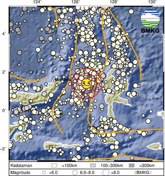 infoBMKG's tweet photo. Update Info Gempa Mag:5.5, 02-Apr-26 21:13:47 WIB, Lok:1.39 LU,126.56 BT (107 km BaratLaut JAILOLO-MALUT), Kedlmn:10 Km, dirasakan di Manado, Tondano, Minahasa Utara II - III MMI  ::BMKG https://t.co/ZYEKVwAkbN